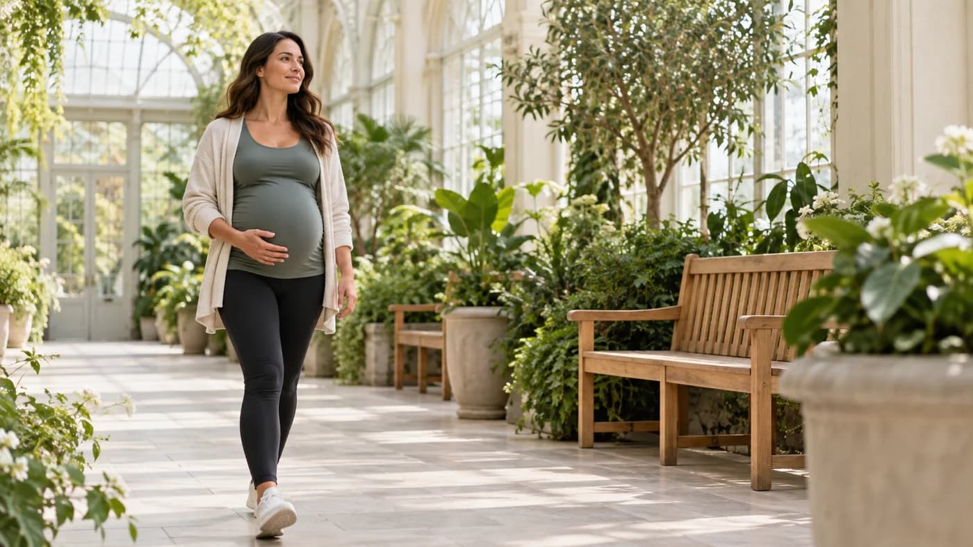 Pregnant woman walking in a bright indoor garden