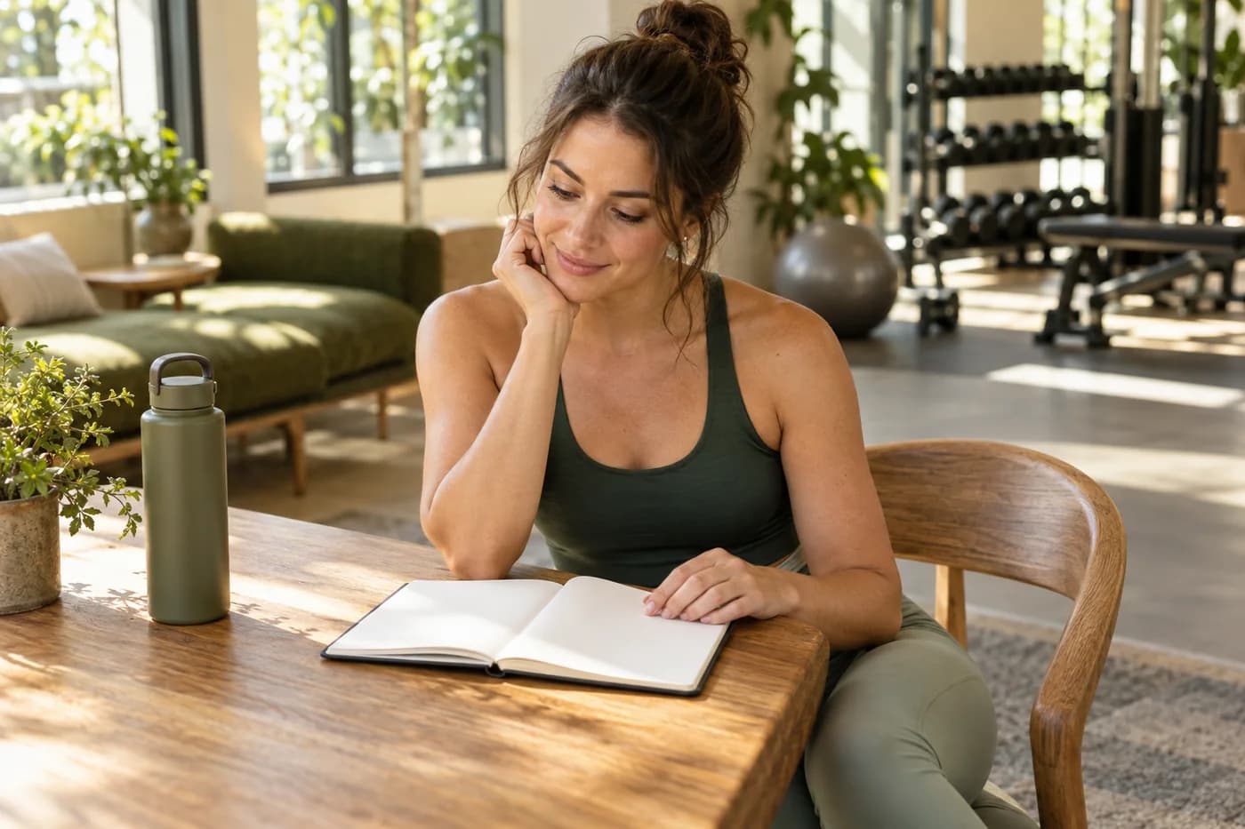 Adult woman in gym wear reviewing a blank workout notebook