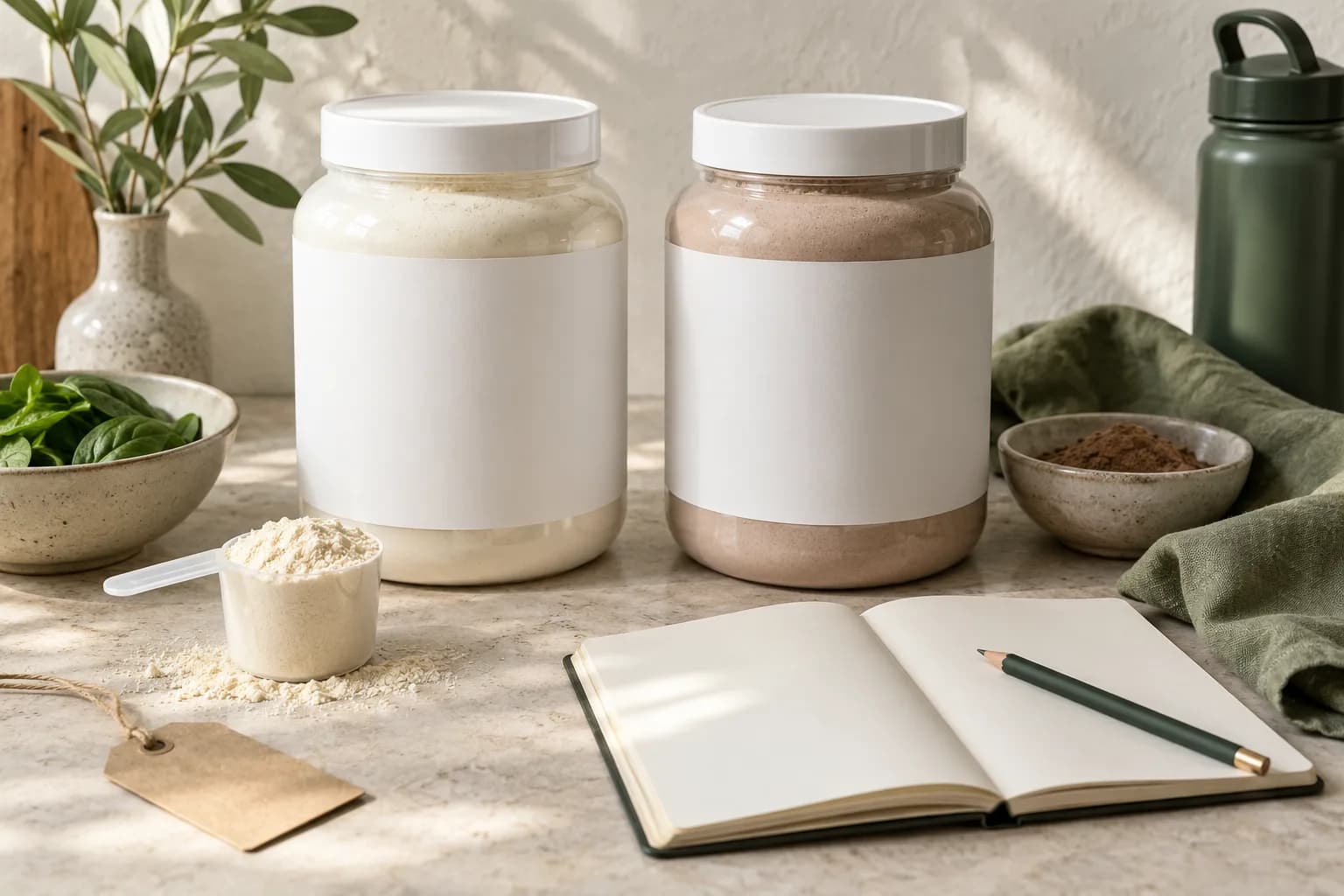 Unbranded jars, measured scoop and blank notebook arranged for comparing products