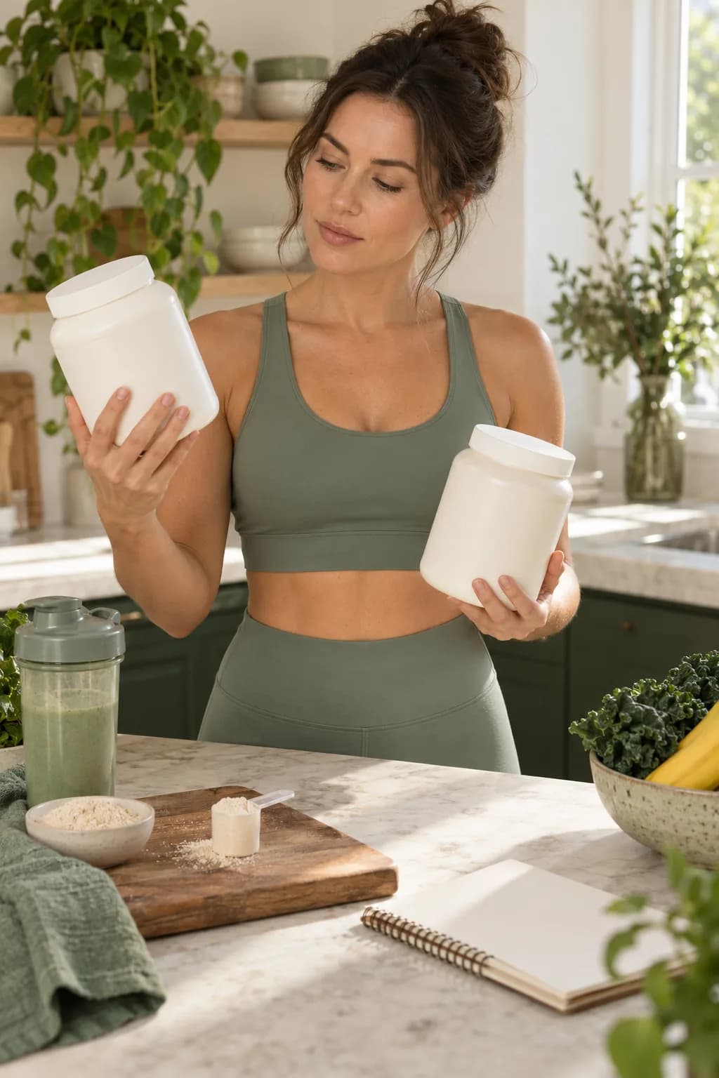Woman in sage activewear comparing unbranded powder jars beside a measured scoop and shaker
