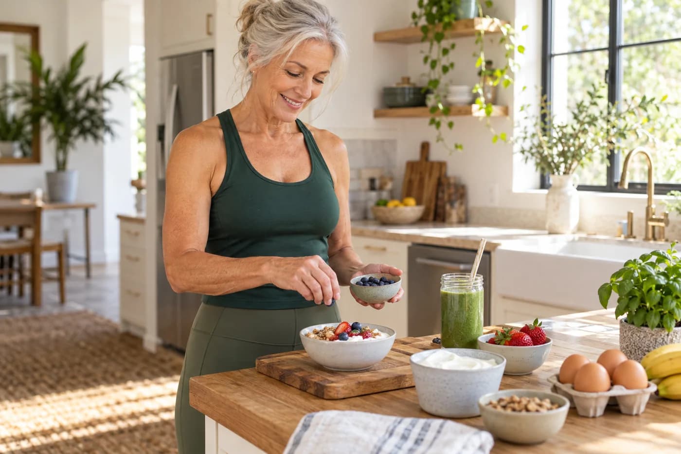 Older woman in gym wear preparing a protein-rich breakfast