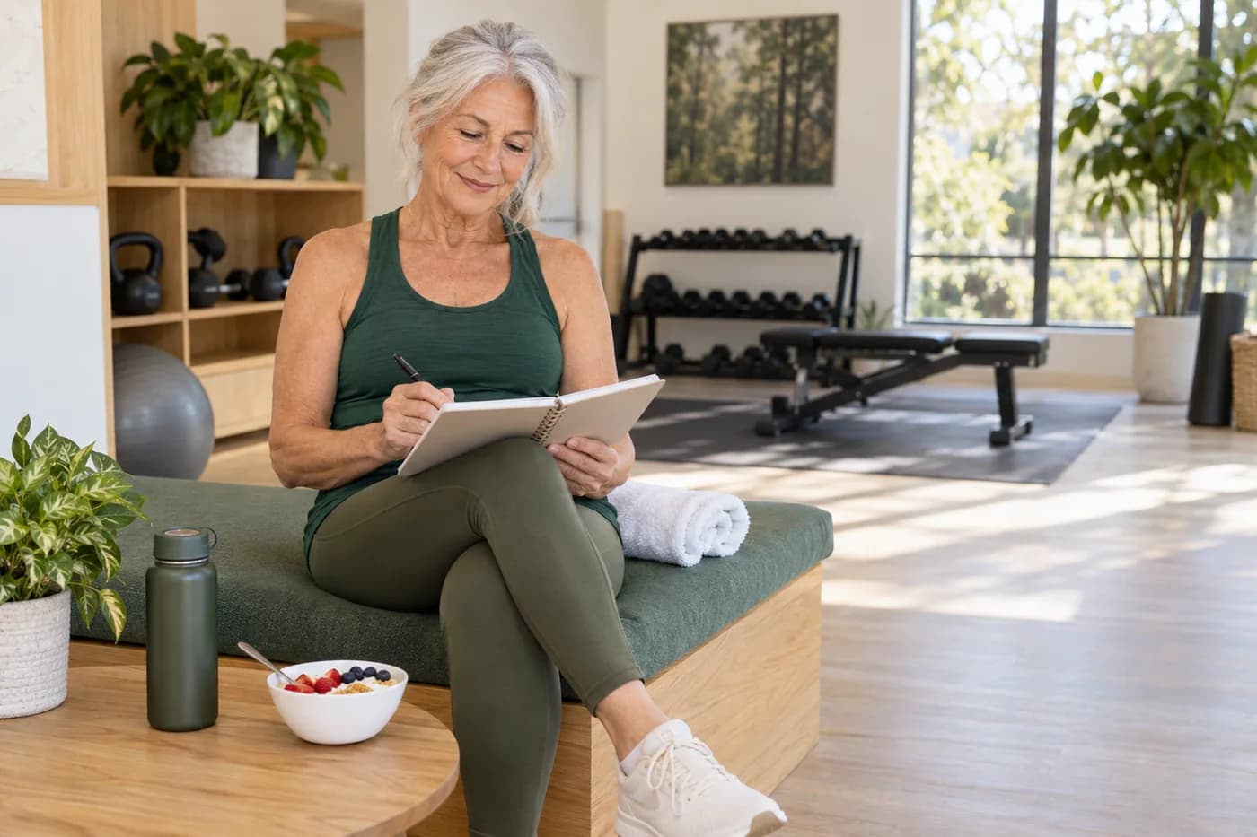 Older woman in gym clothes planning her meals after exercise