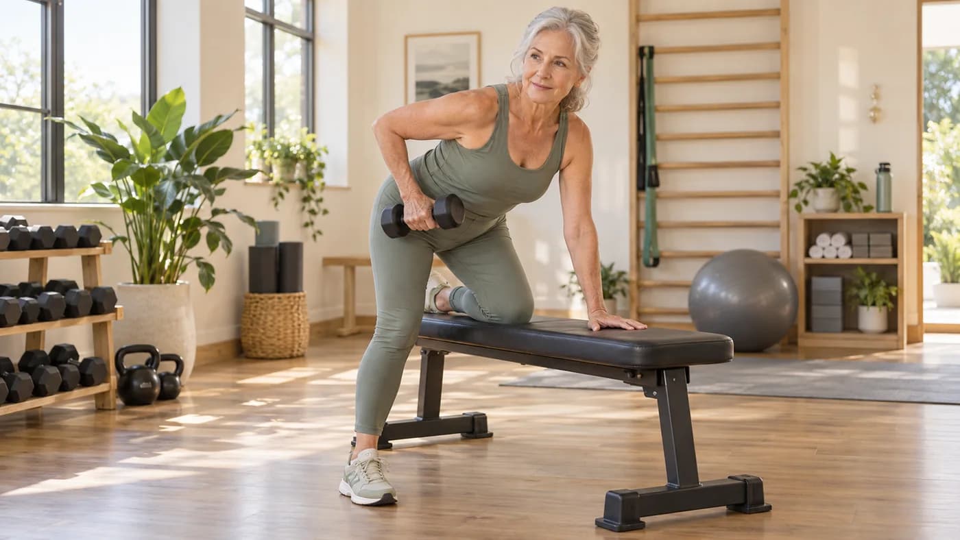 Older woman in gym clothes performing a controlled dumbbell exercise