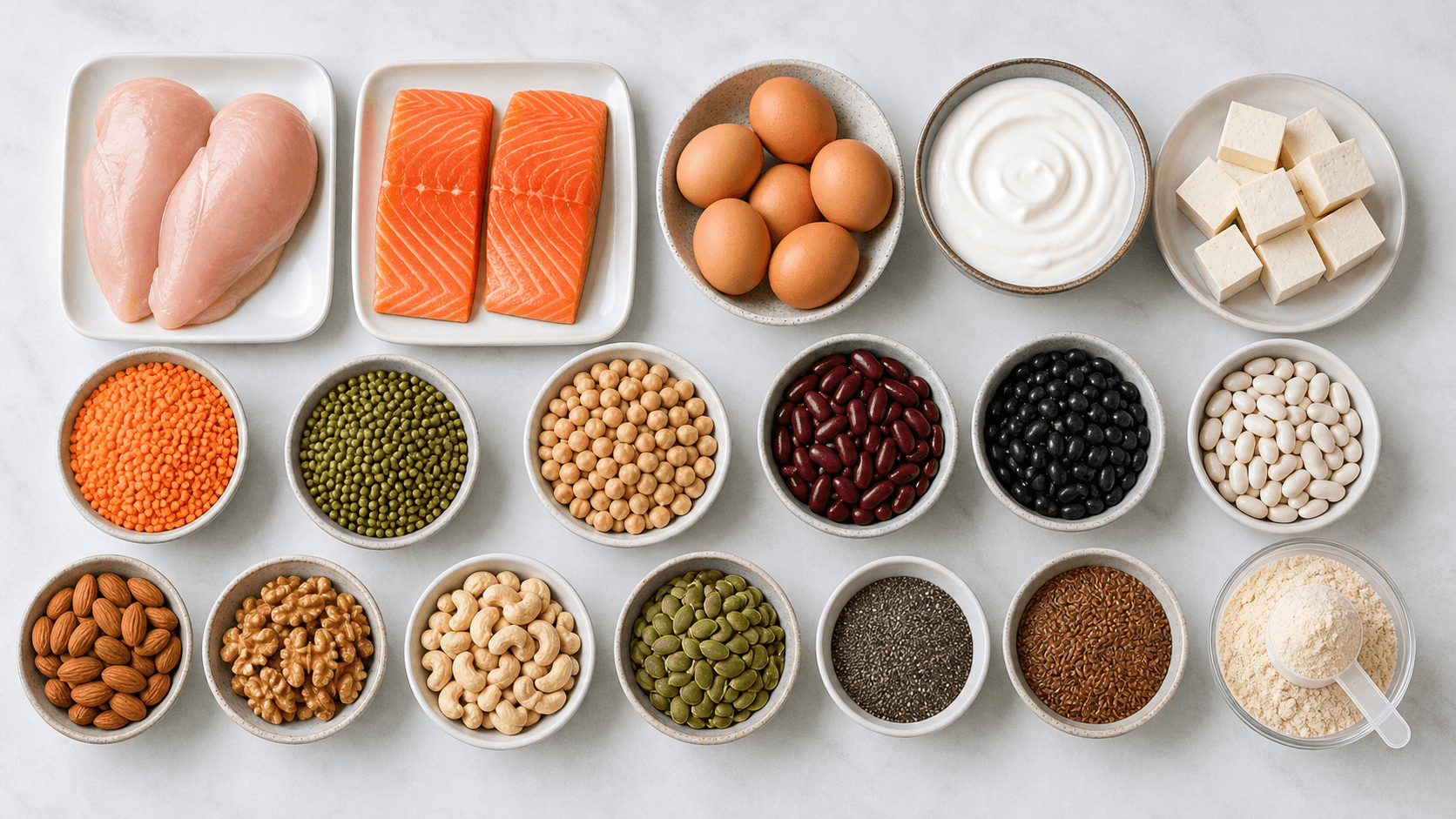 Organized protein food chart with meat, seafood, dairy, soy, beans, seeds, and protein powder