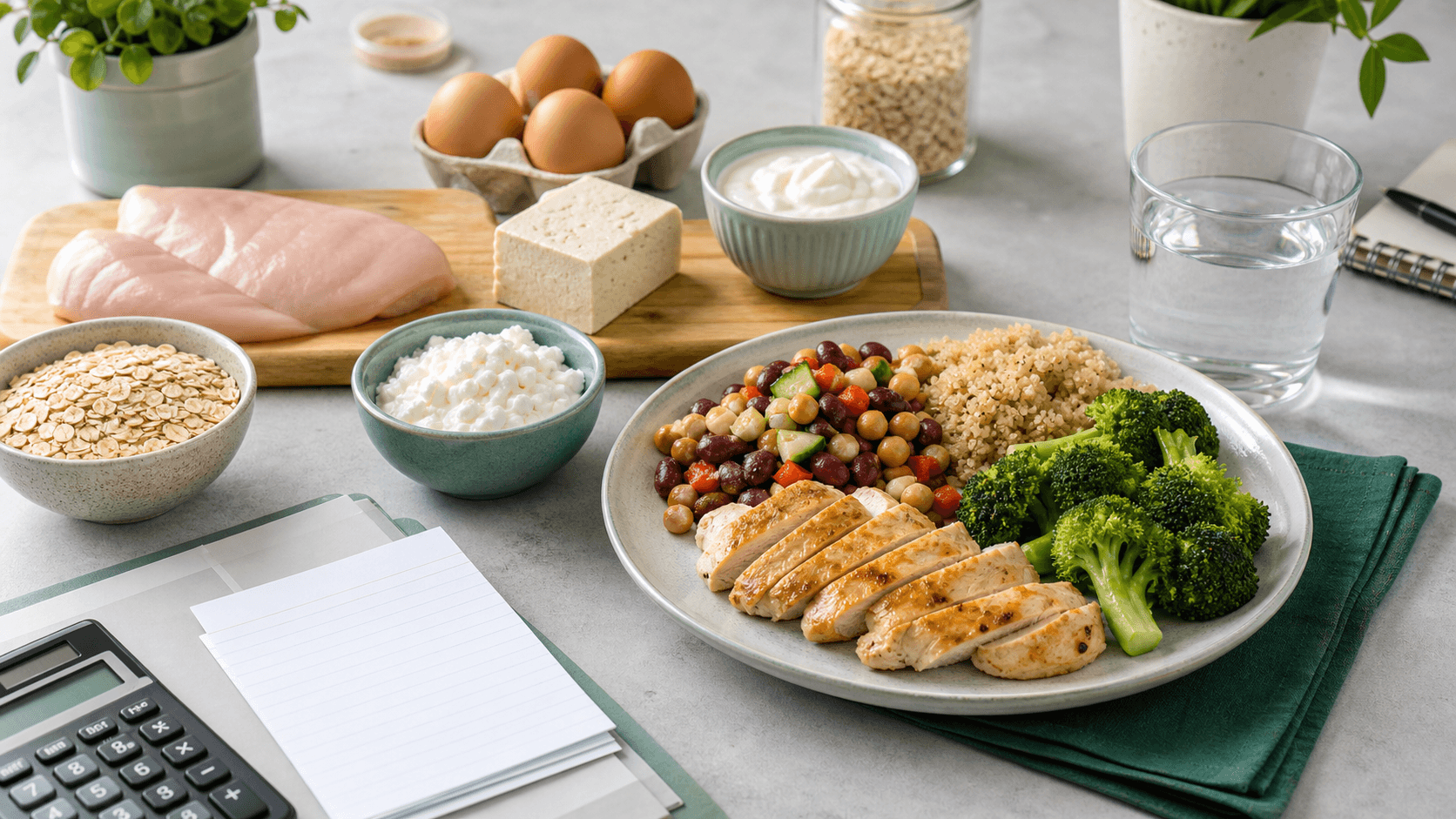 General protein guide workspace with a balanced plate, calculator, water, and protein-rich foods