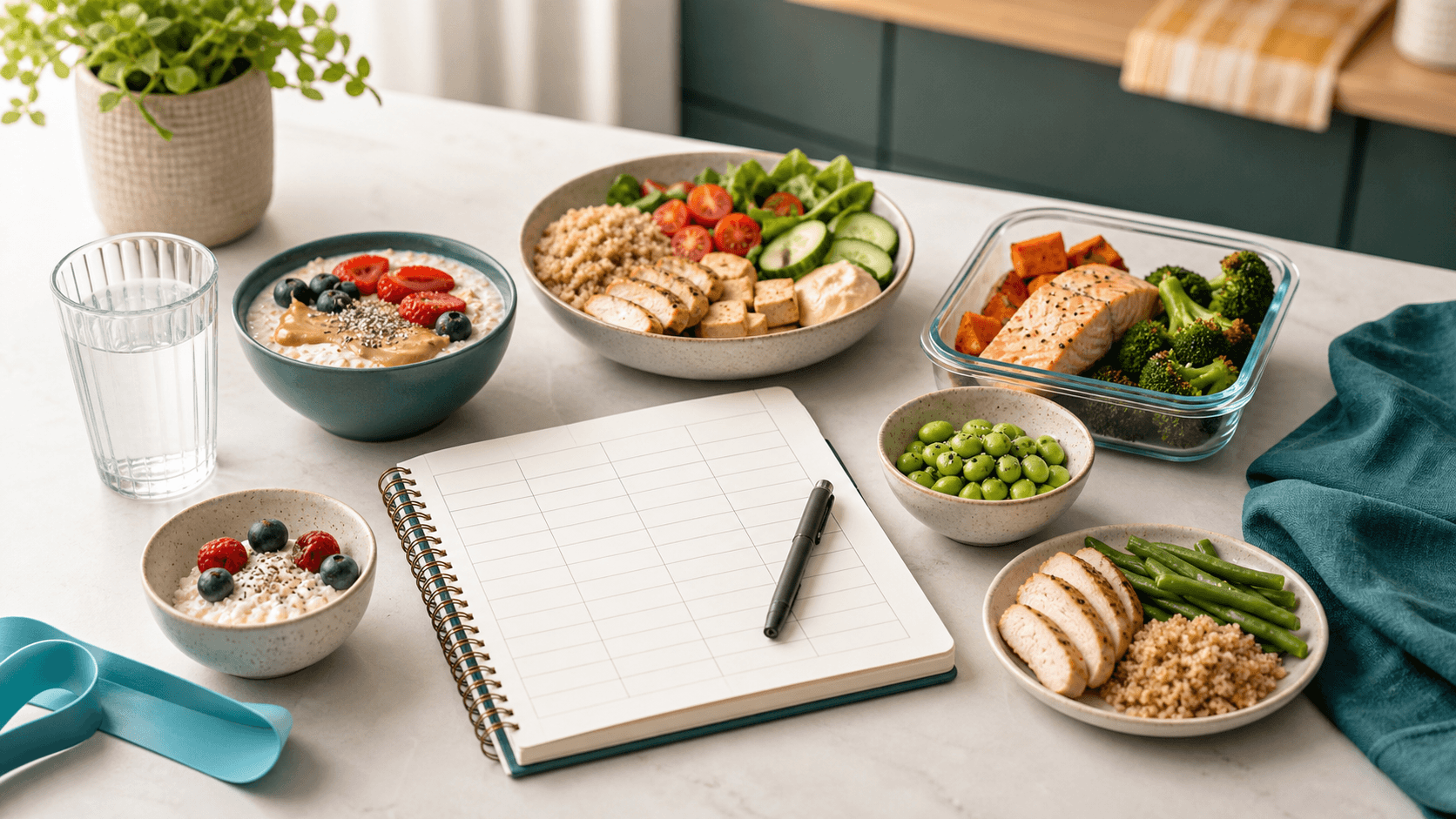 Protein target planning scene with balanced meals, water, and training context