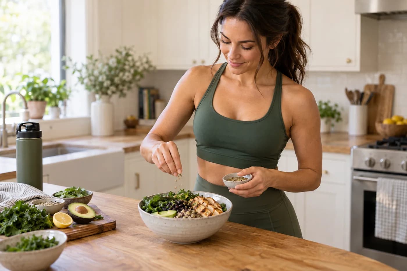 Adult woman in gym wear preparing a high-protein meal