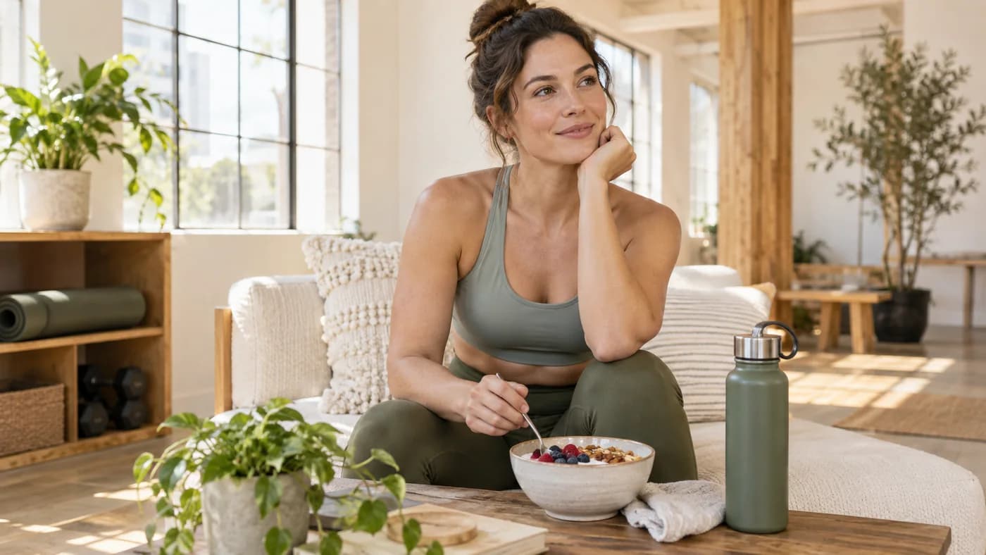 Adult woman in gym clothes planning a protein-rich snack after training