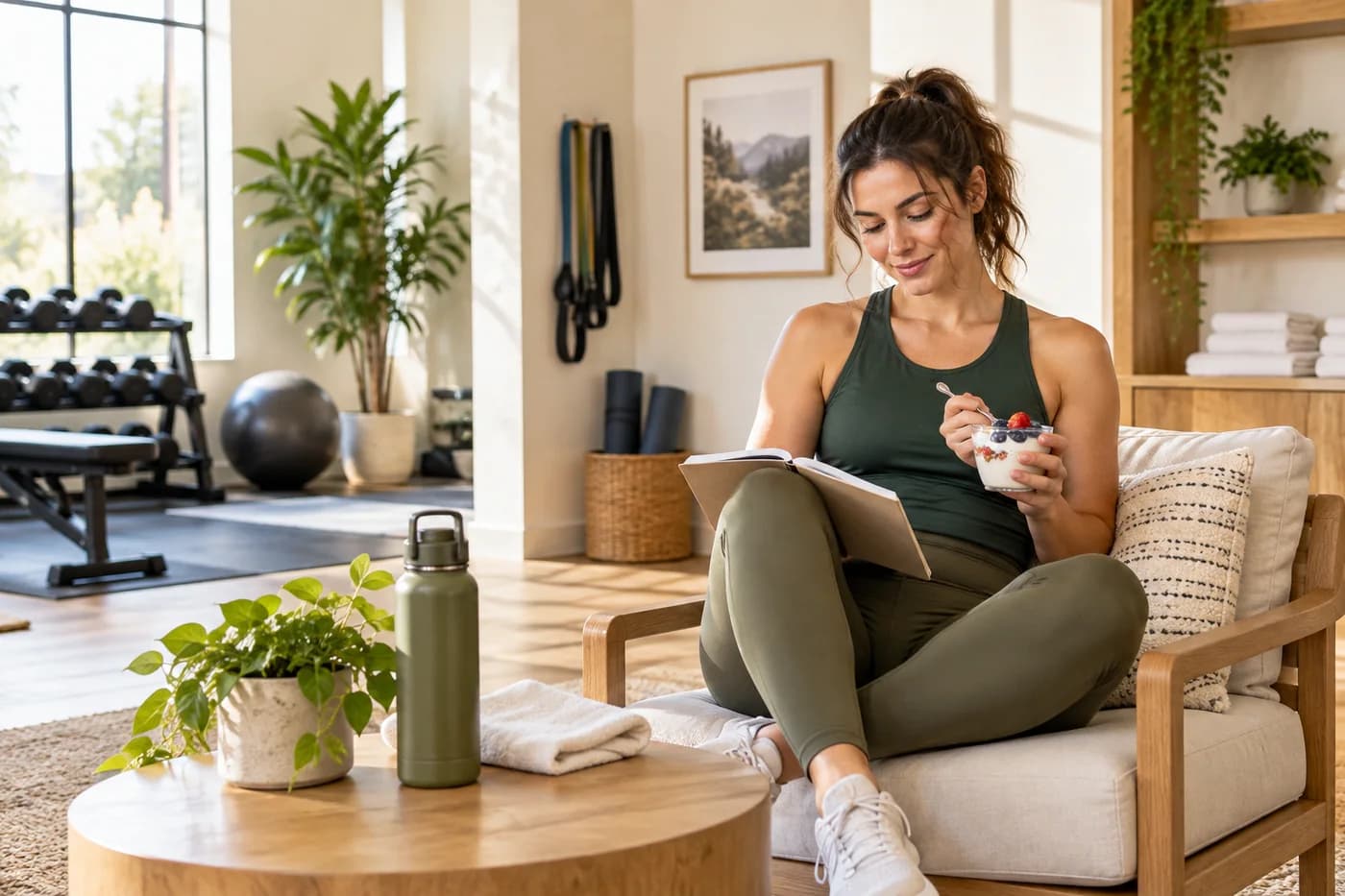 Adult woman in gym wear reviewing a training notebook after exercise