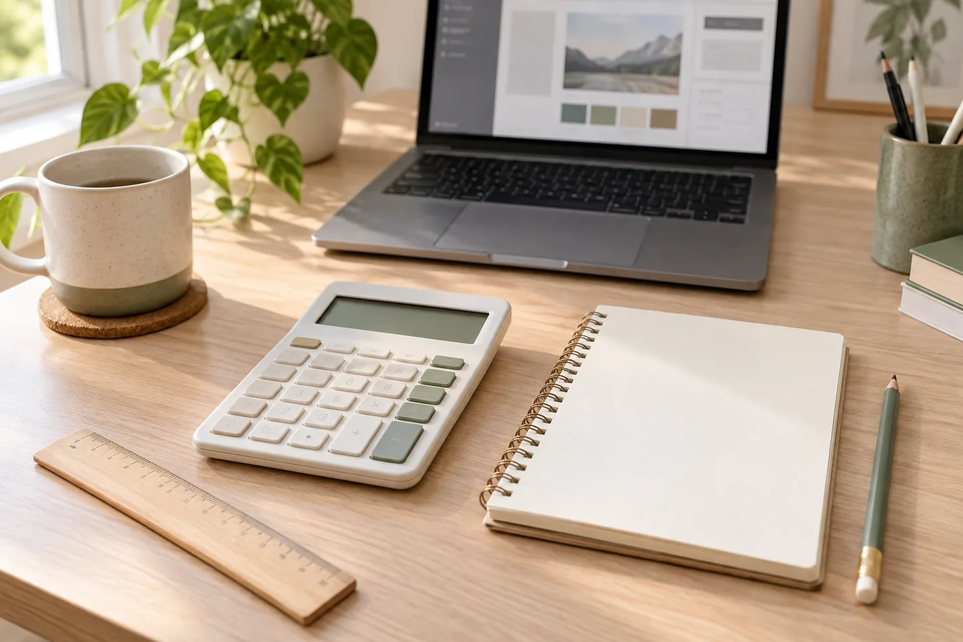 A calculator, notebook and pencil beside a laptop for checking calculation assumptions