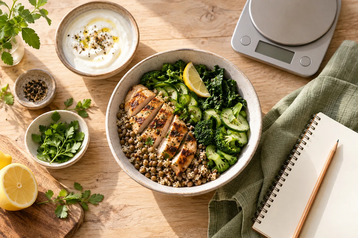 Protein-rich food, a kitchen scale and a blank notebook on a pale wooden table