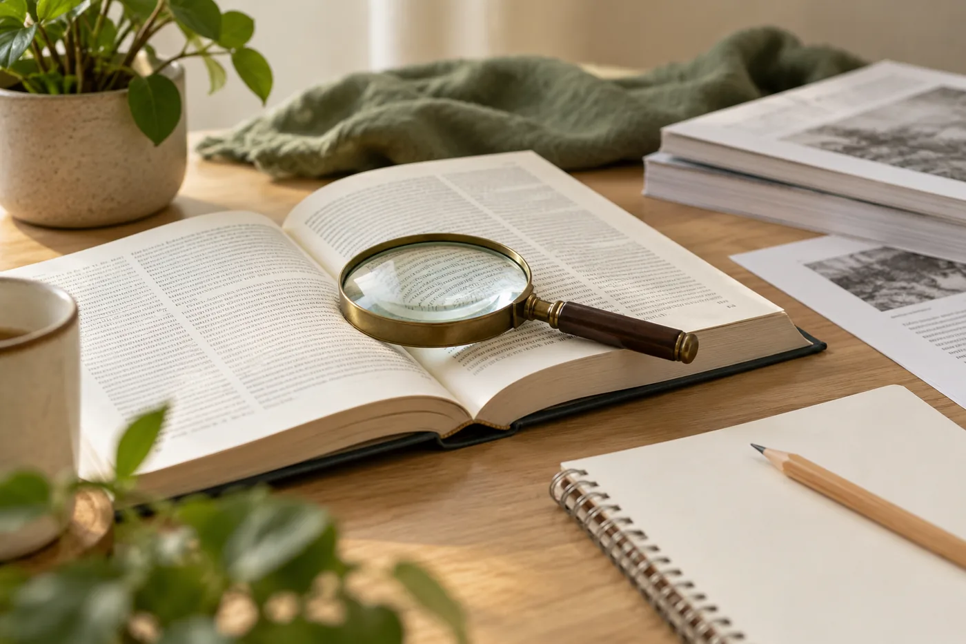 A magnifying glass on an open reference book beside papers and a notebook