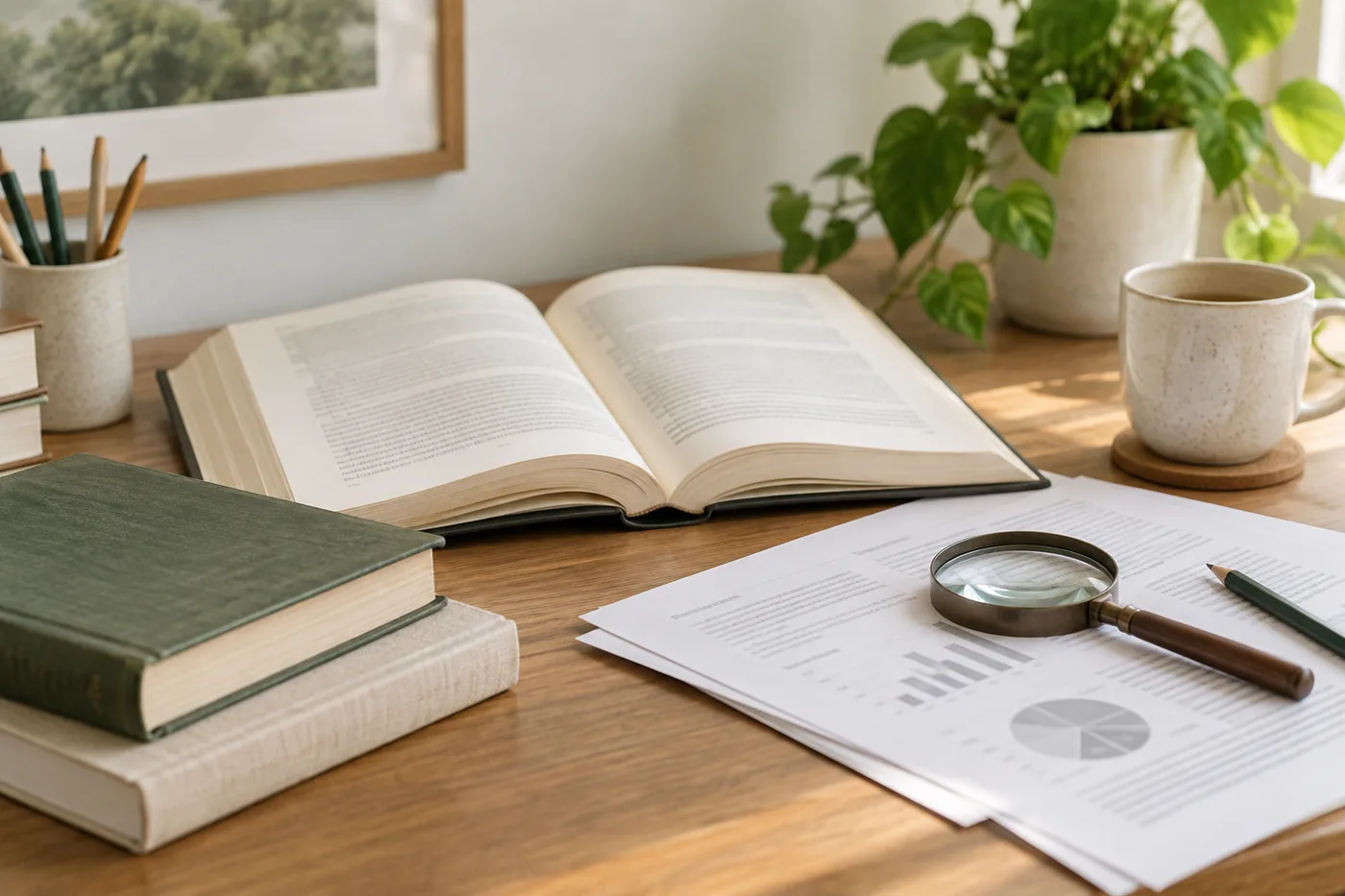 Open reference books, research papers and a magnifying glass on a quiet desk