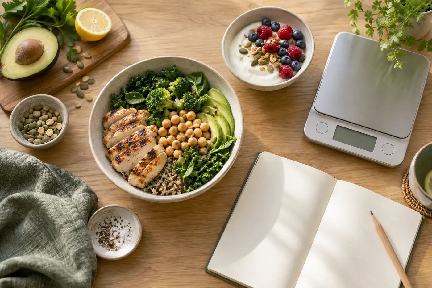 Protein-rich bowls, kitchen scale and blank meal-planning notebook on a wooden table