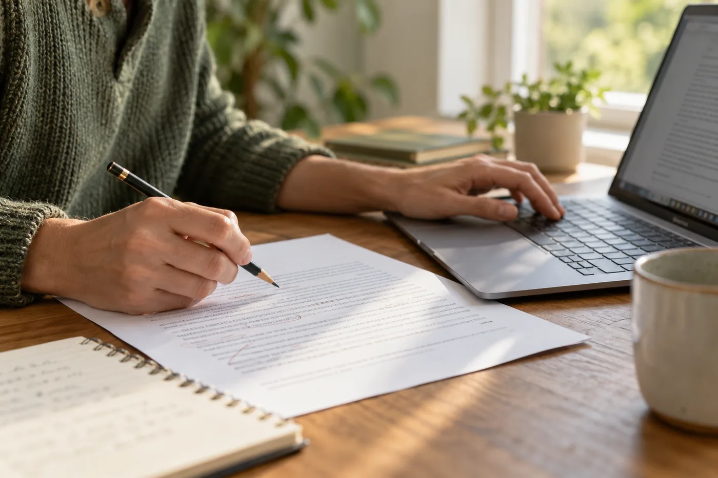 An editor comparing printed notes with a document on a laptop