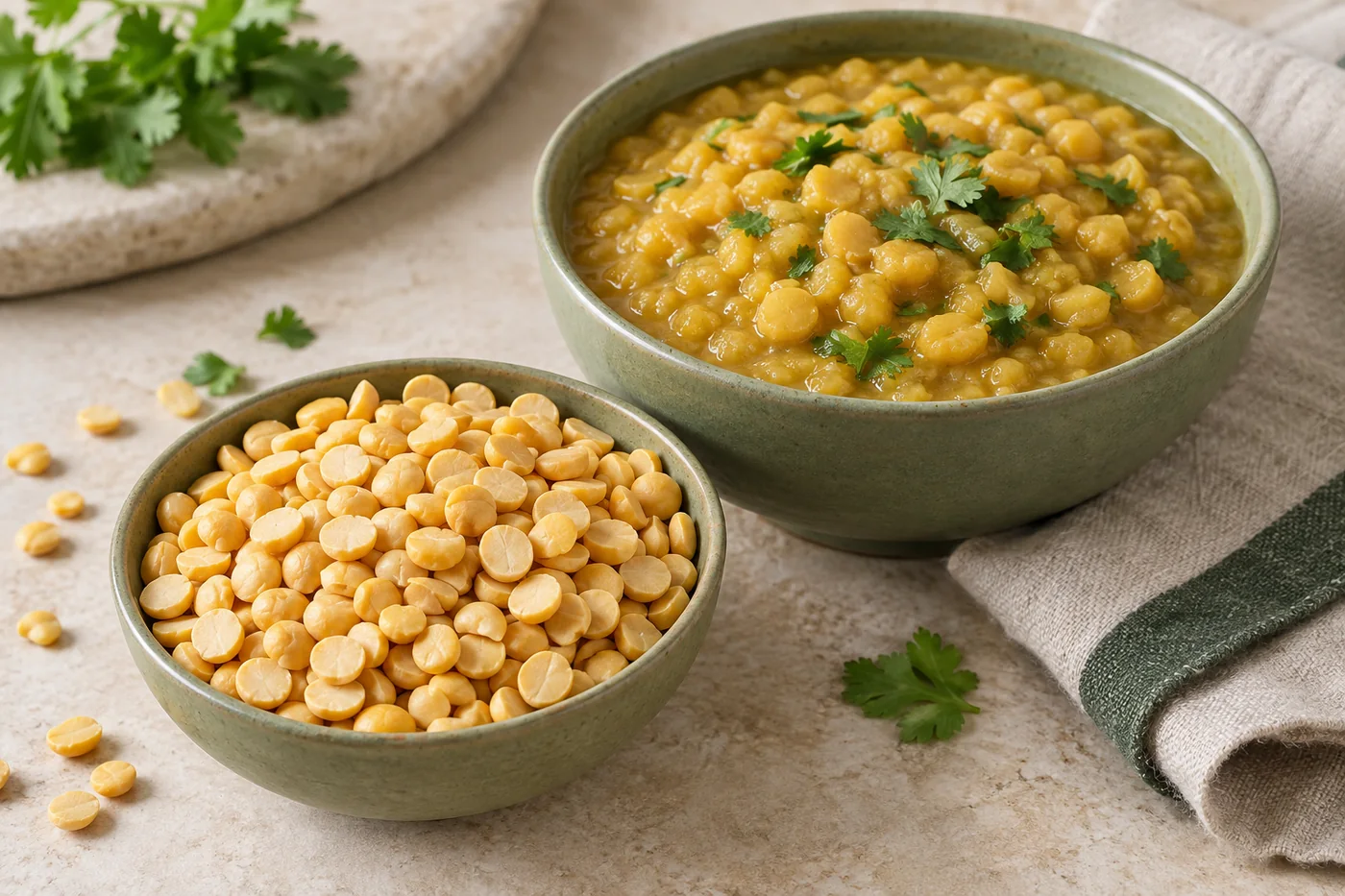 Dry split Bengal gram beside a bowl of cooked chana dal