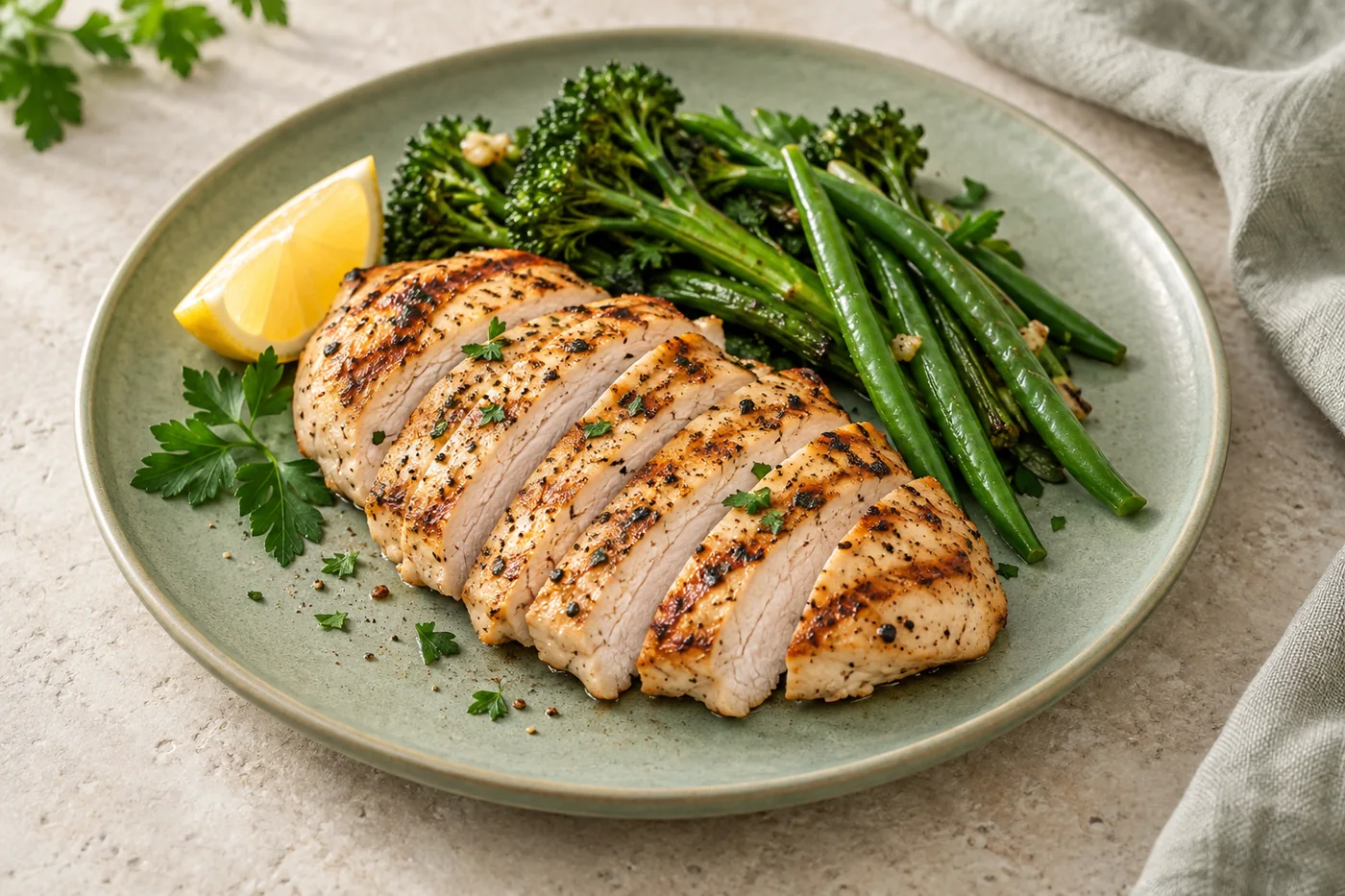 Sliced grilled chicken breast with herbs, lemon and green vegetables