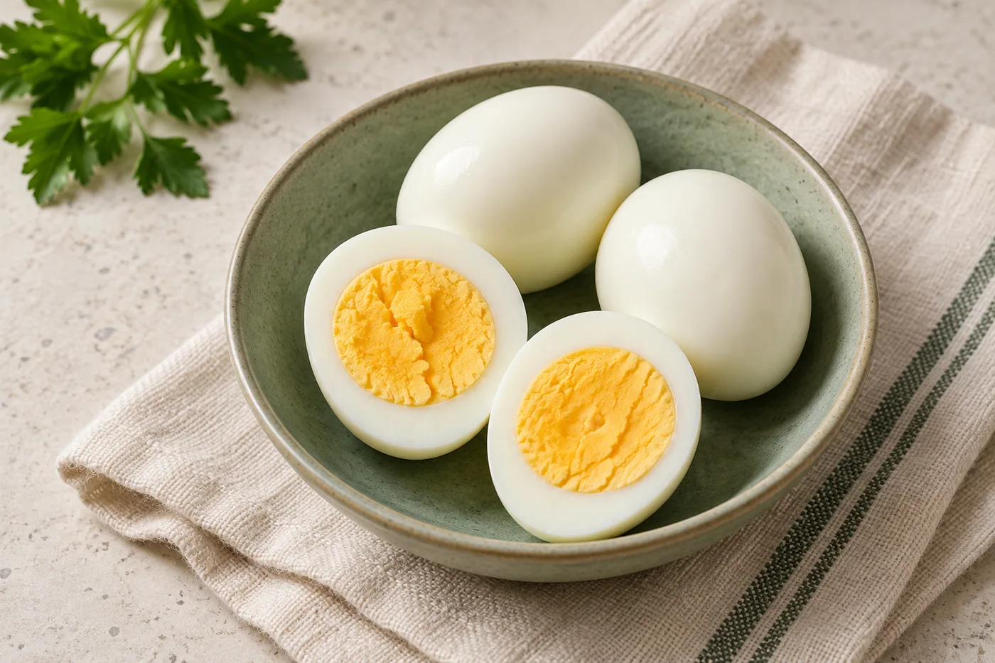 Whole and halved boiled eggs in a sage ceramic bowl