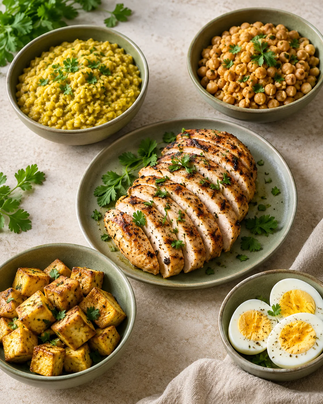 Grilled chicken, tofu, eggs, yellow dal and chickpeas on a pale kitchen table