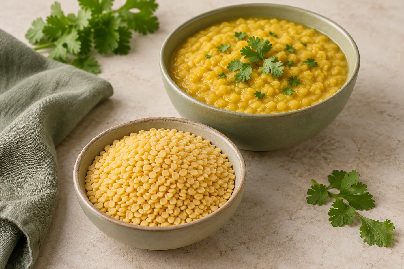 Dry yellow split mung dal beside a bowl of cooked moong dal