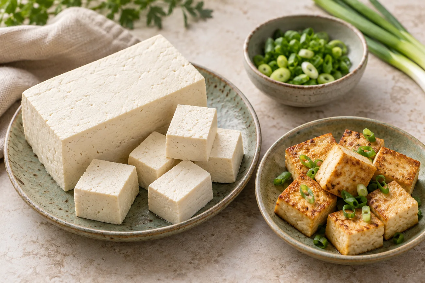 A fresh firm tofu block and cut cubes beside golden pan-seared tofu