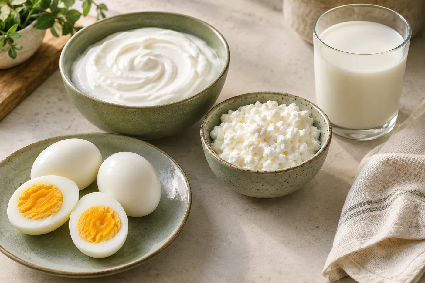 Greek yogurt, cottage cheese, boiled eggs and milk in separate dishes