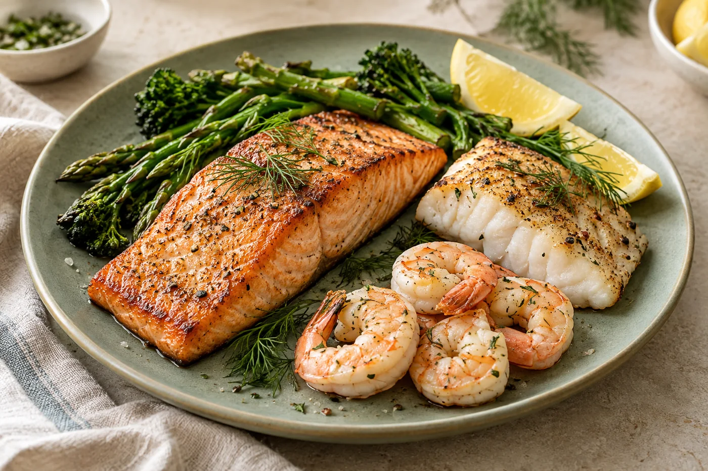 Cooked salmon, white cod and shrimp with dill, lemon and green vegetables