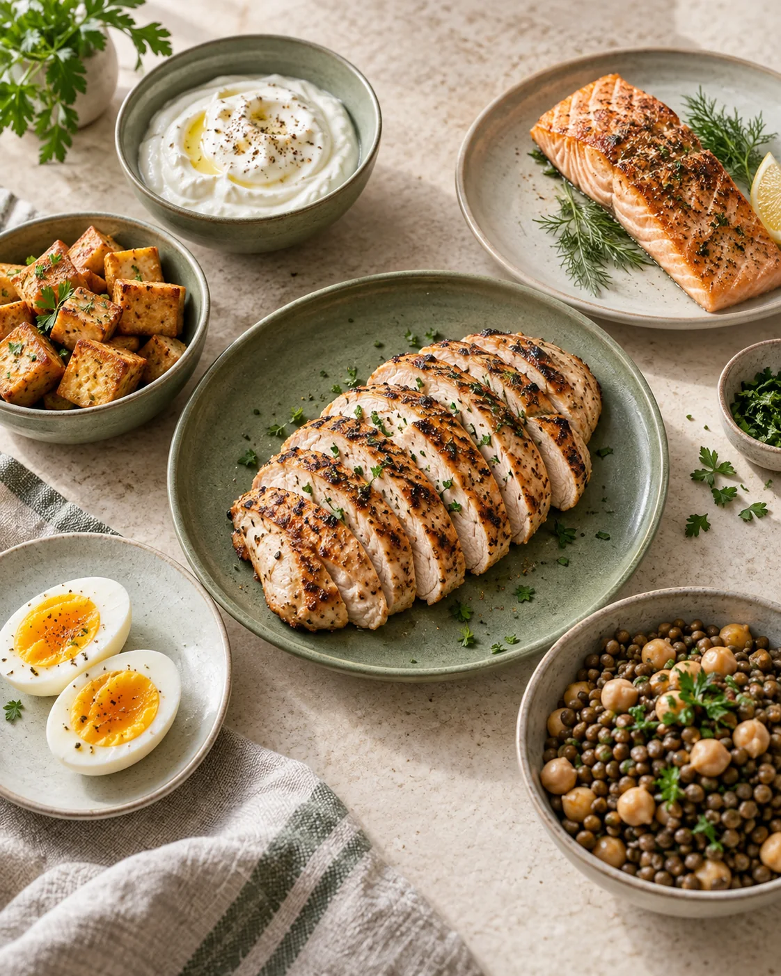 Grilled chicken, salmon, tofu, eggs, yogurt, chickpeas and lentils on a kitchen table