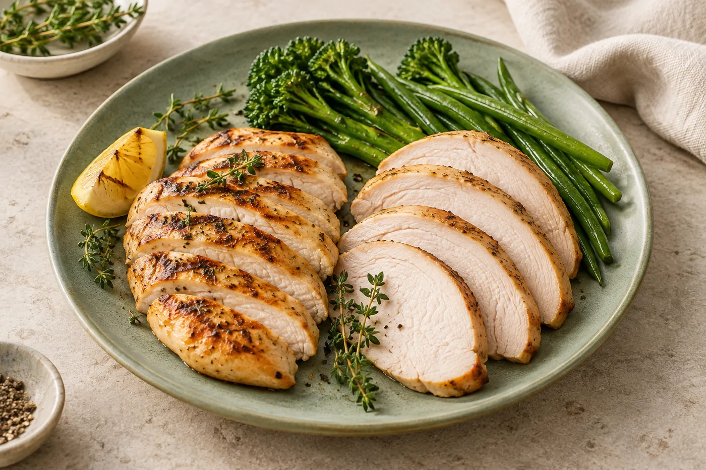 Sliced cooked chicken and roast turkey breast with lemon and green vegetables