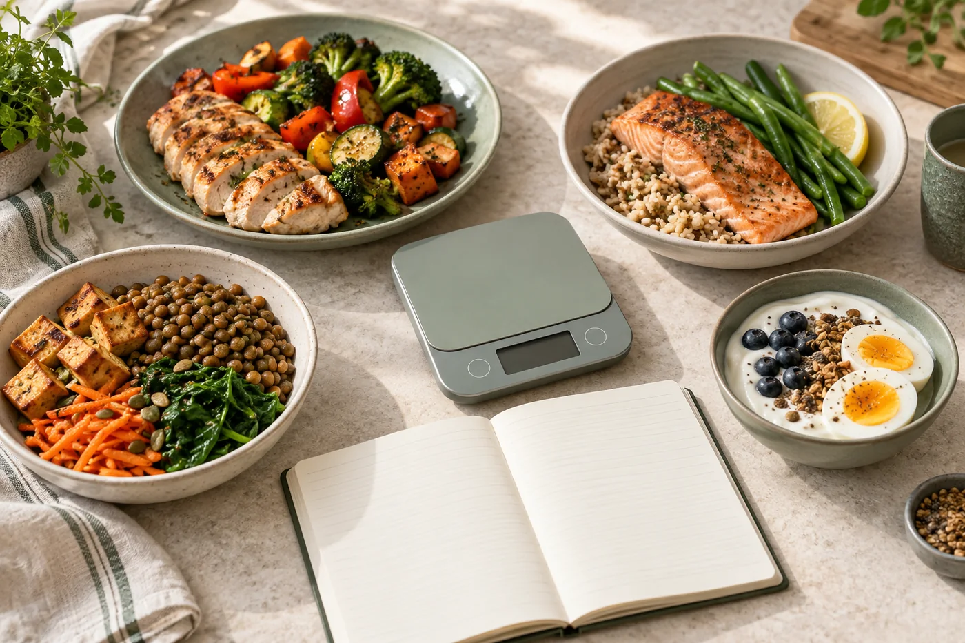 Prepared protein-rich dishes with a kitchen scale and blank food planning notebook
