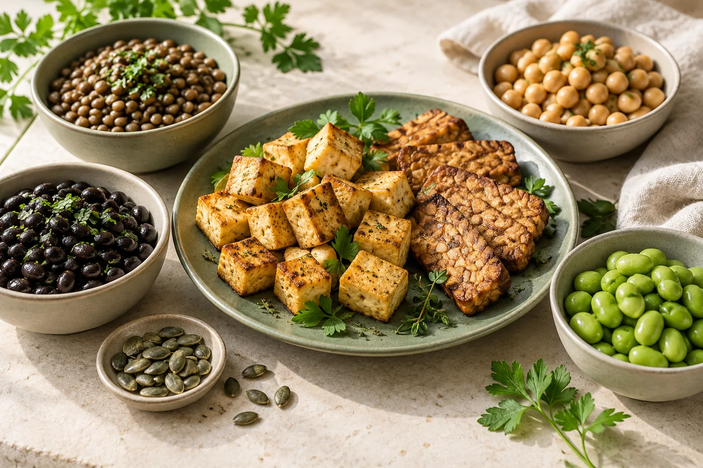Tofu, tempeh, lentils, chickpeas, black beans and edamame in ceramic dishes