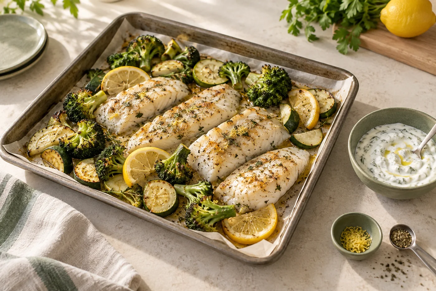 Baked white fish with broccoli, zucchini, lemon and a small bowl of yogurt sauce