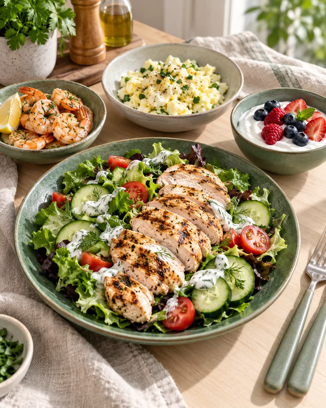 Grilled chicken salad, cooked shrimp, egg-white scramble and yogurt with berries on a kitchen table