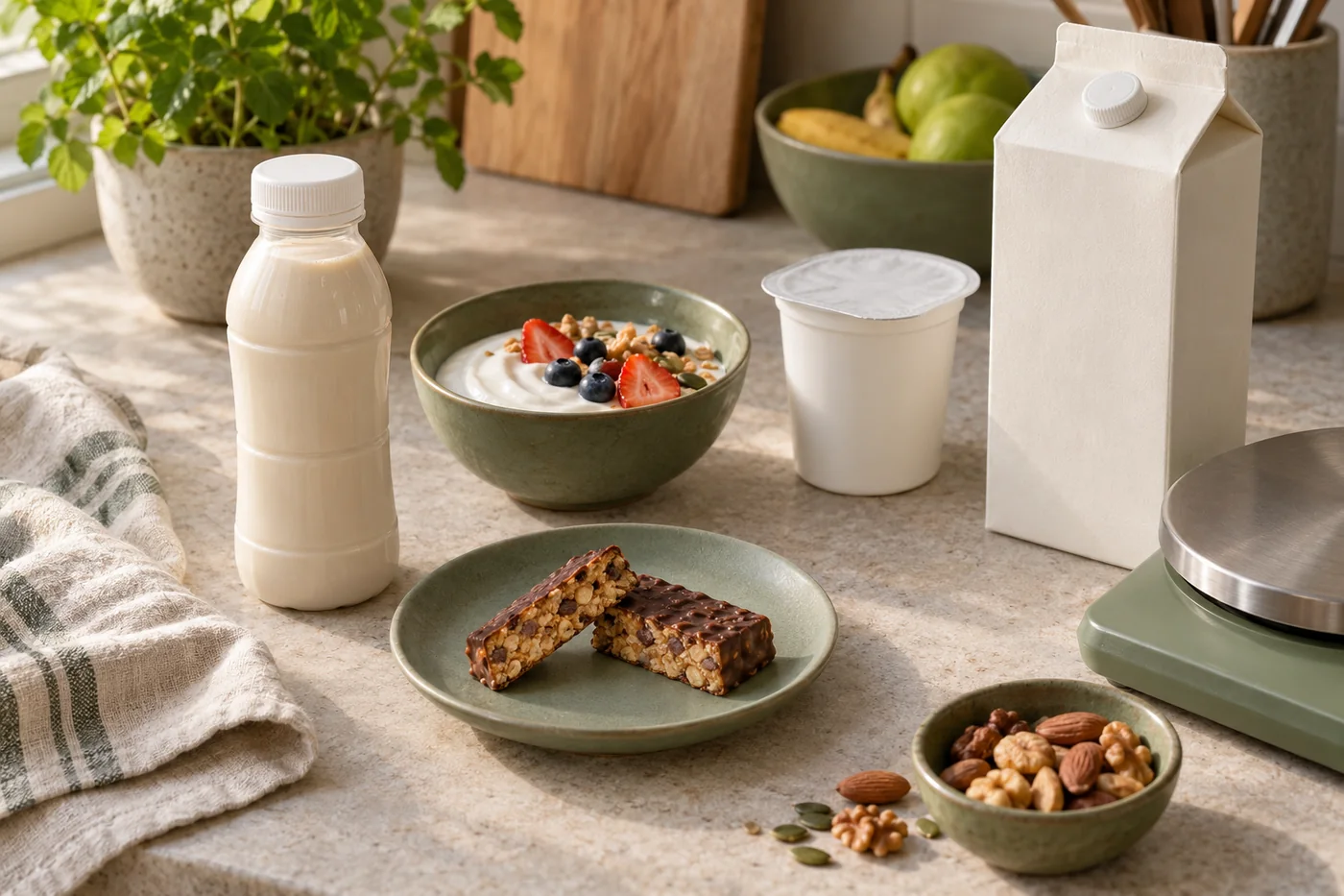 Unbranded shake bottle, snack bar, yogurt and carton beside a kitchen scale