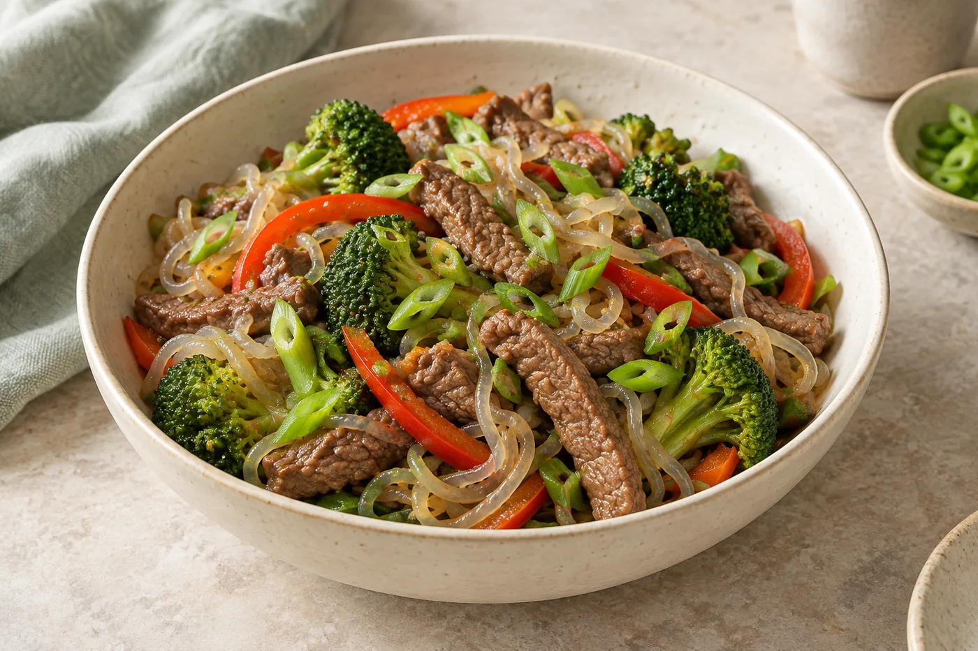 Lean beef stir-fry with broccoli, peppers and shirataki noodles
