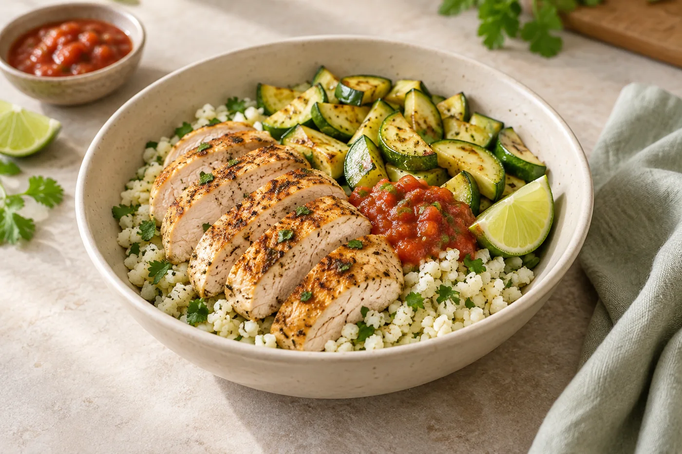 Cooked chicken breast with zucchini, cauliflower rice, salsa and lime
