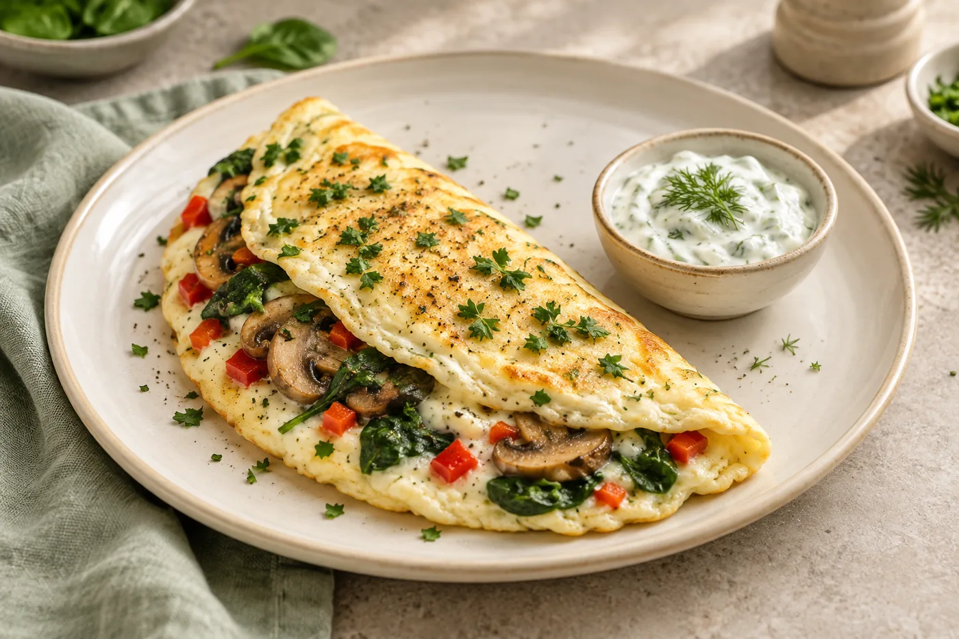 Egg-white omelette with mushrooms, spinach, peppers and yogurt herb sauce