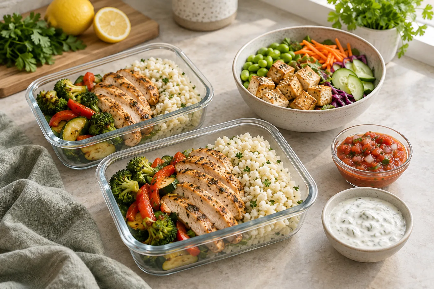 Chicken and tofu meal-prep containers with vegetables and separately packed sauces