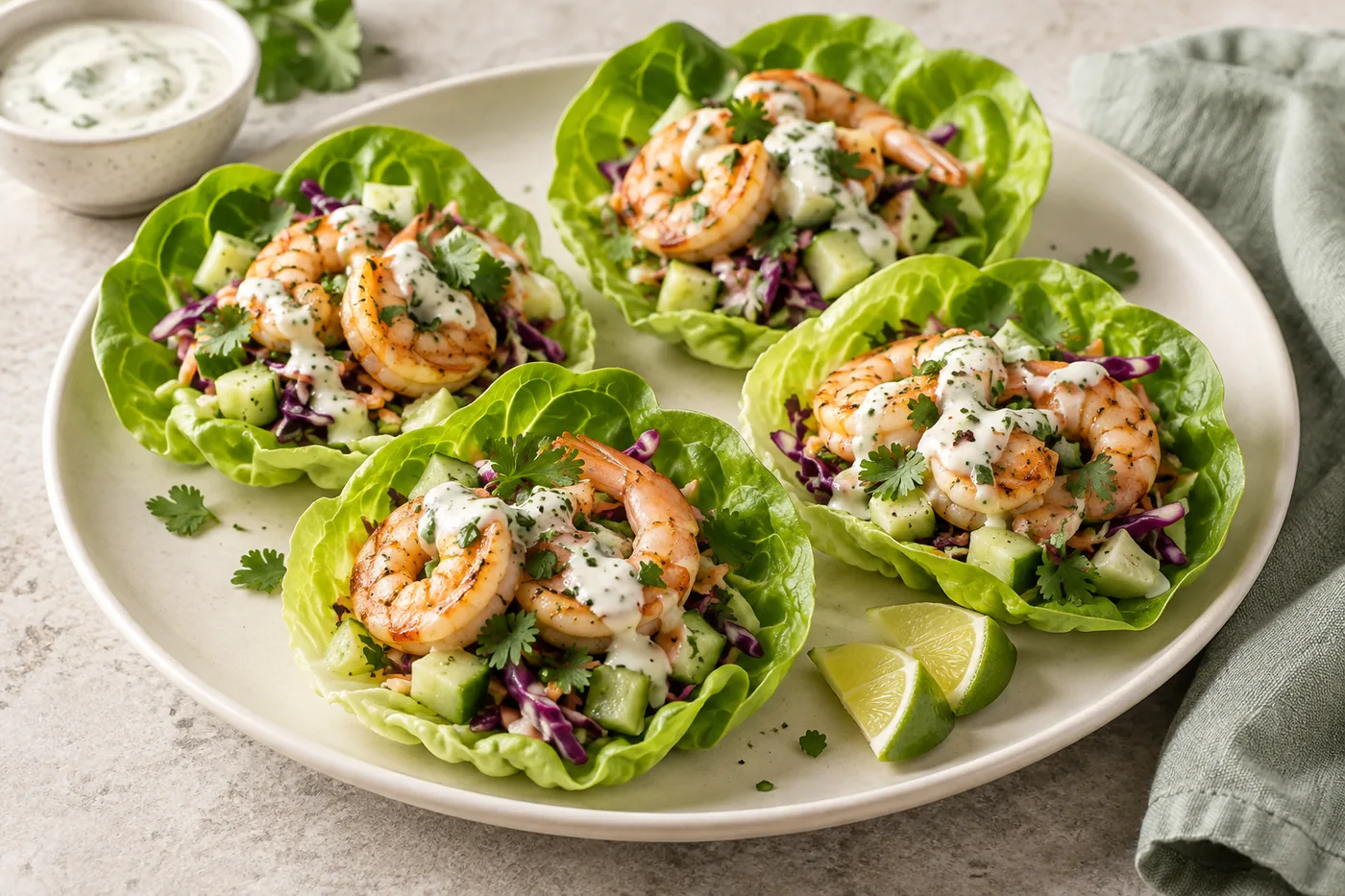 Shrimp lettuce cups with cucumber, cabbage and a light yogurt sauce