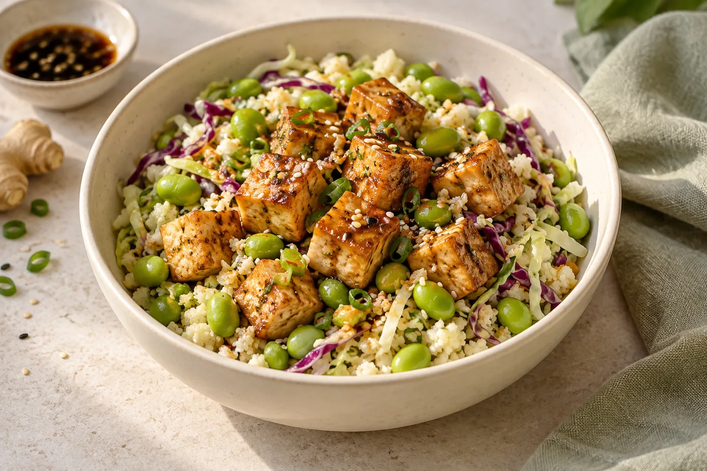 Tofu and edamame bowl with cauliflower rice, cabbage and ginger soy seasoning