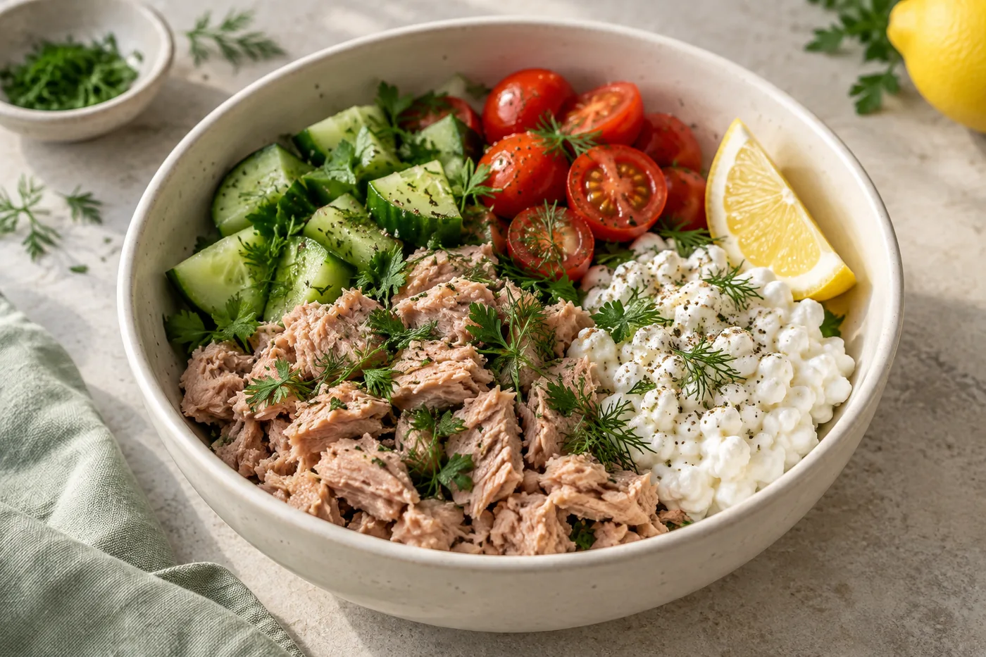 Tuna and cottage cheese bowl with cucumber, tomatoes and fresh herbs
