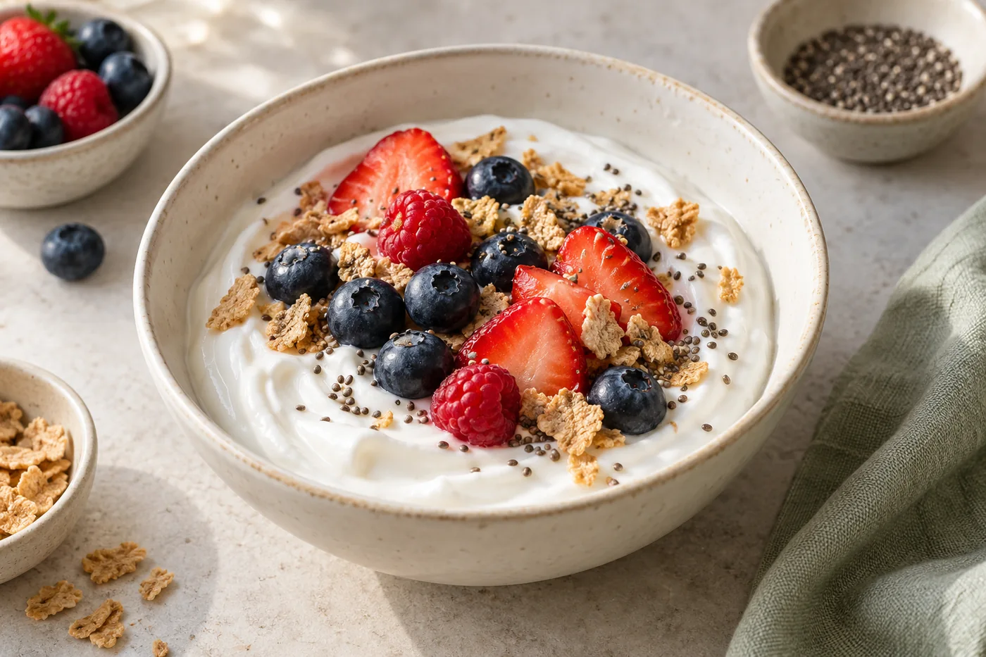 Greek yogurt with fresh berries, chia and a little cereal crunch