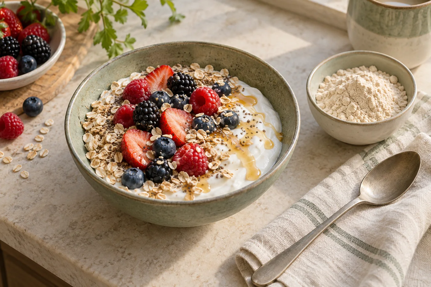 Greek yogurt with oats, berries and honey beside a small dish of protein powder