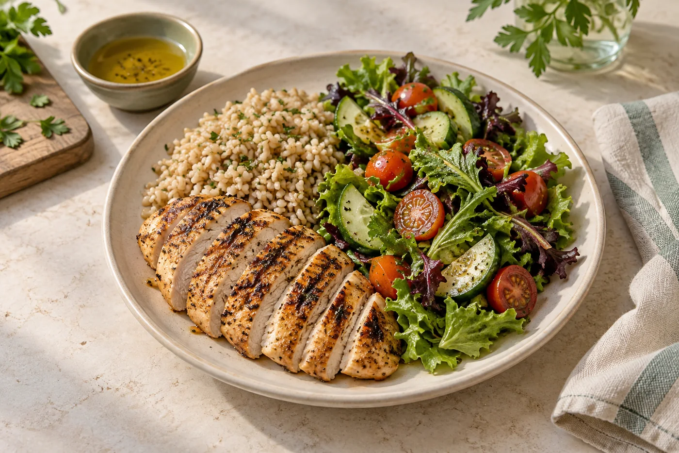 Grilled chicken breast, brown rice and a fresh mixed salad