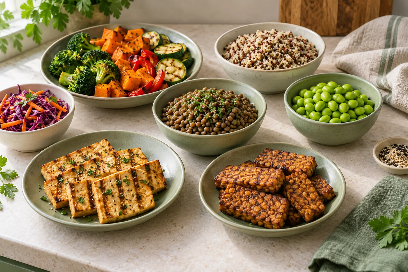Grilled tofu, tempeh, lentils and green edamame with vegetables and quinoa