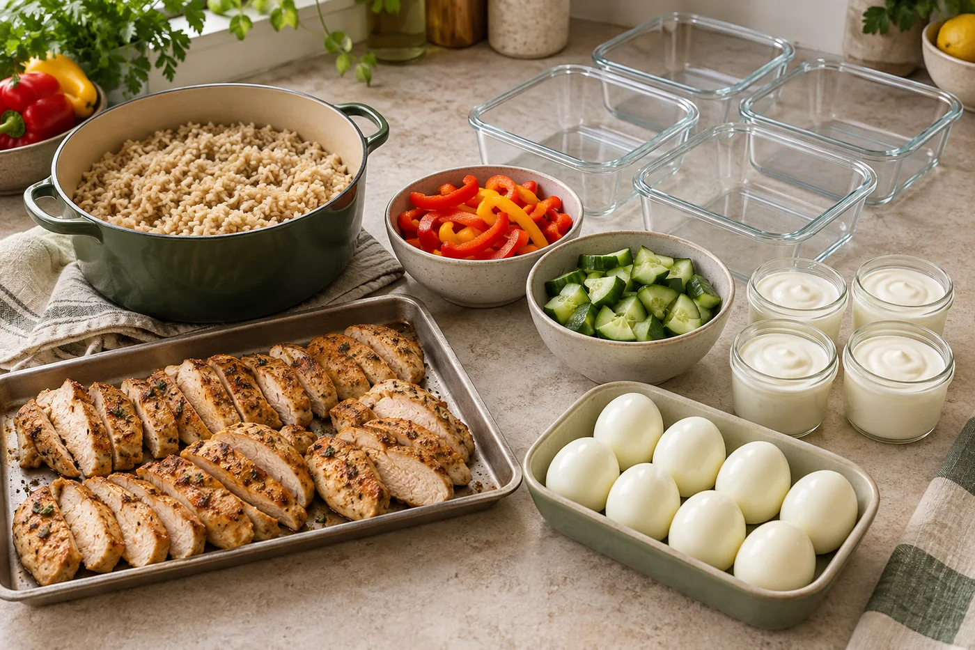 Sunday prep with cooked chicken, rice, boiled eggs, yogurt portions and chopped vegetables
