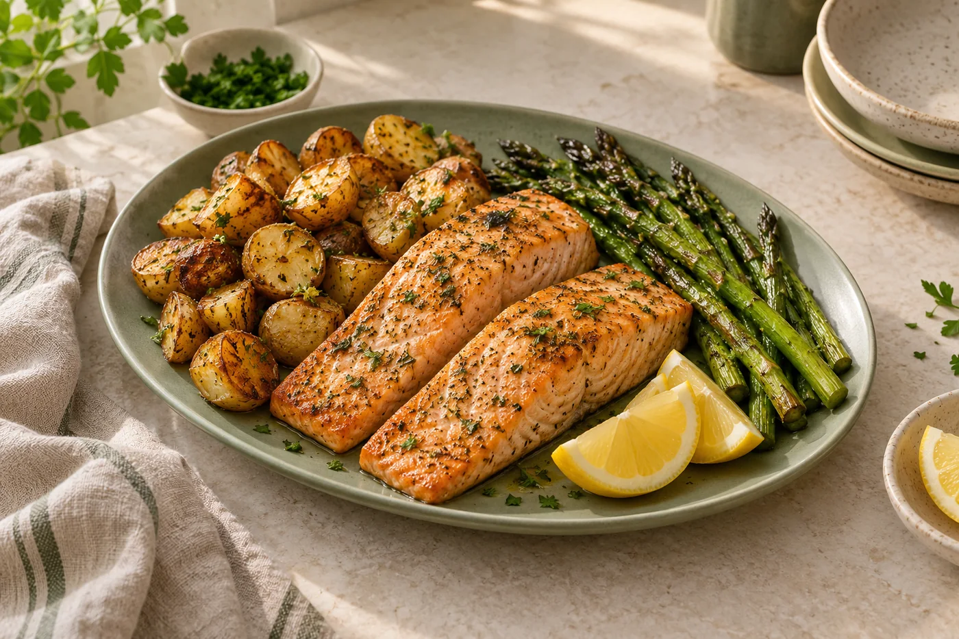 Two baked salmon fillets with roasted baby potatoes and asparagus