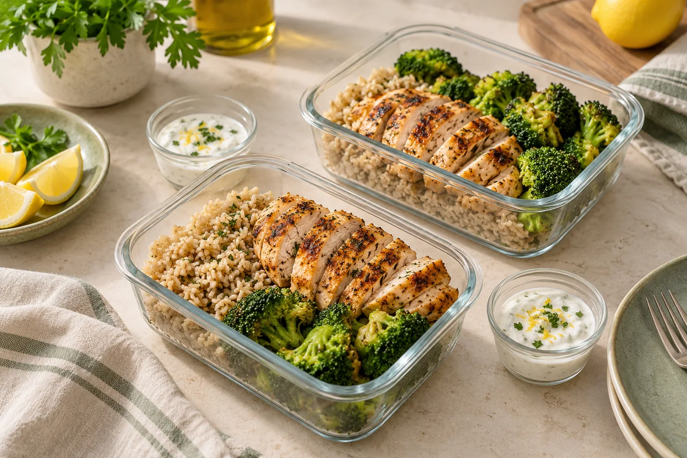 Grilled chicken, brown rice and broccoli in glass containers with separate yogurt sauce cups