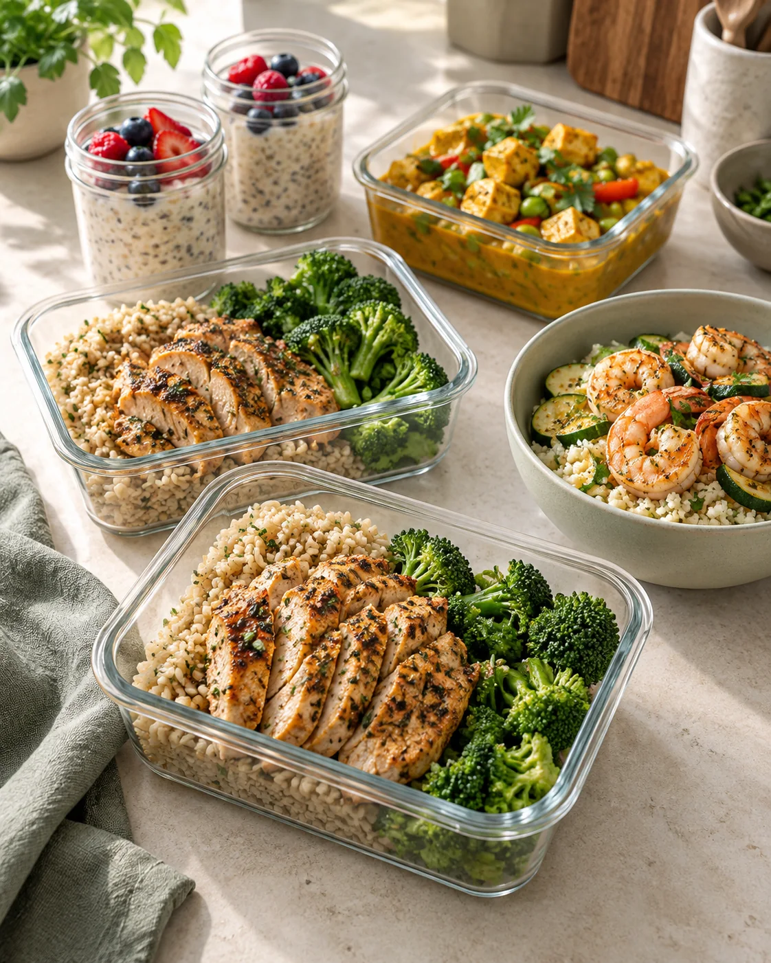 Chicken rice containers, shrimp cauliflower rice, tofu curry and overnight oats jars arranged for meal prep