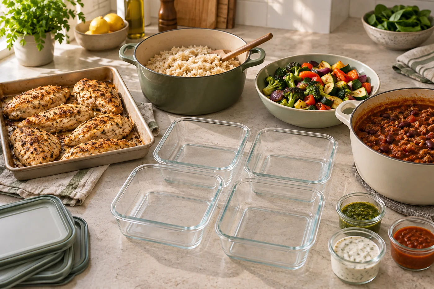 Cooked chicken, rice, vegetables and chili beside shallow glass containers and separate sauce cups